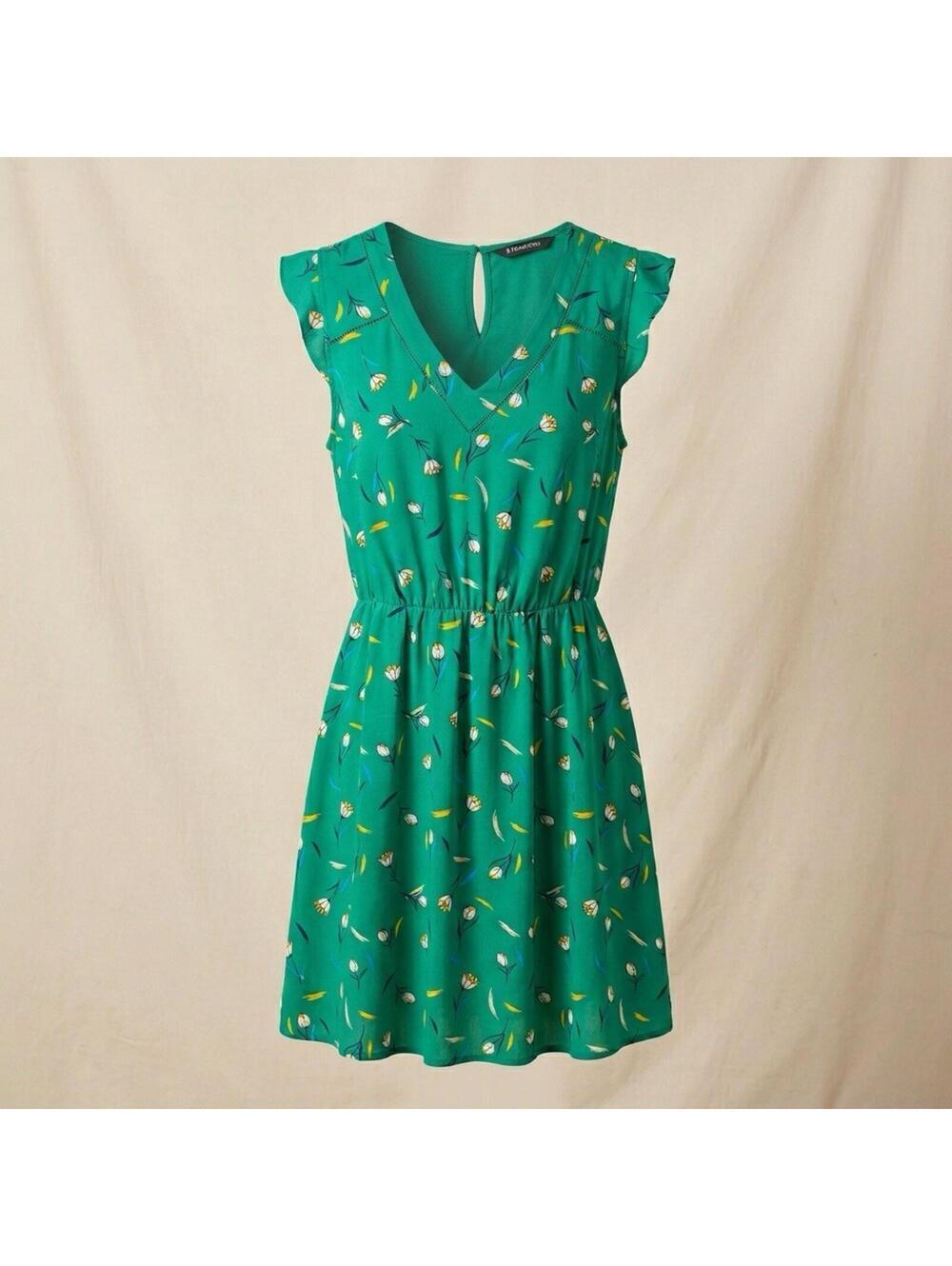 41 Hawthorn Women's Size Med Green Floral Dress Ruffled Cap Sleeves